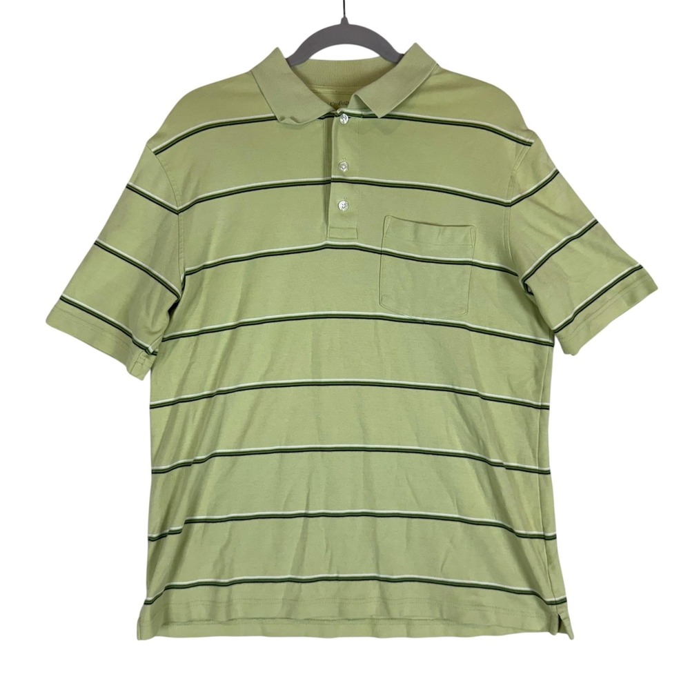 Croft & Barrow Polo Shirt Mens Medium Green Stripe Chest Pocket Cotton Casual